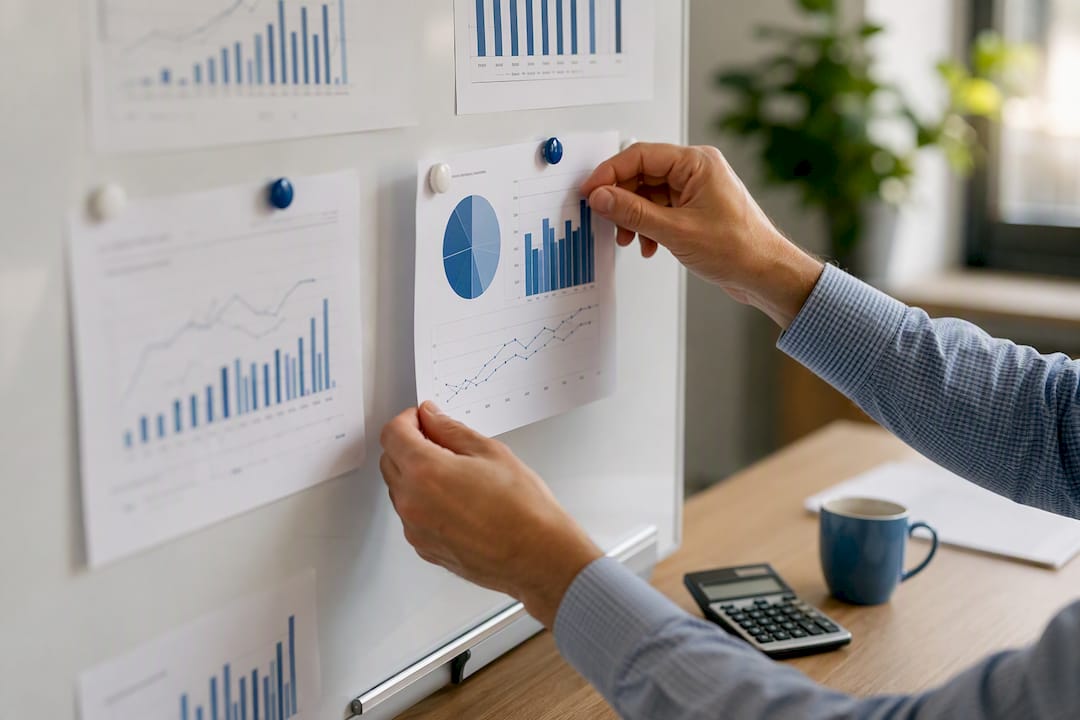 Hands adjusting financial charts on board