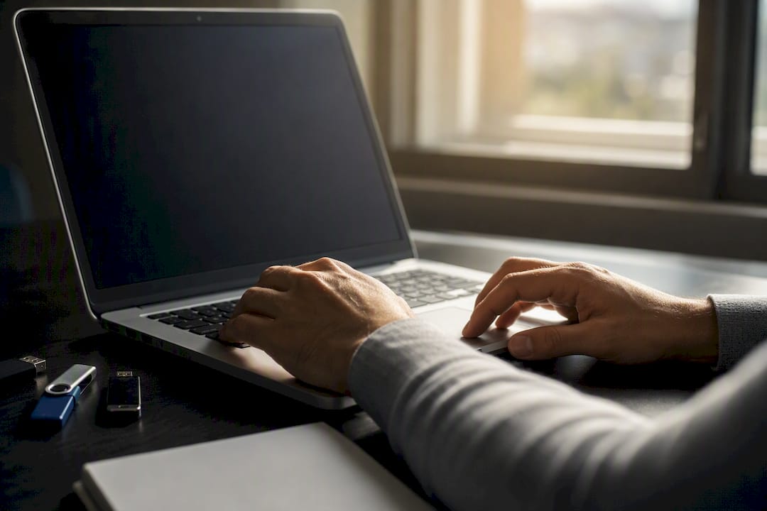 Hands organizing digital audit folders on laptop