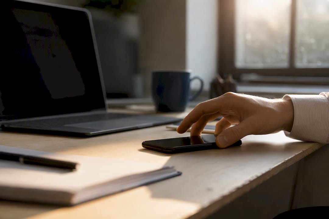 Hand answering phone in business setting