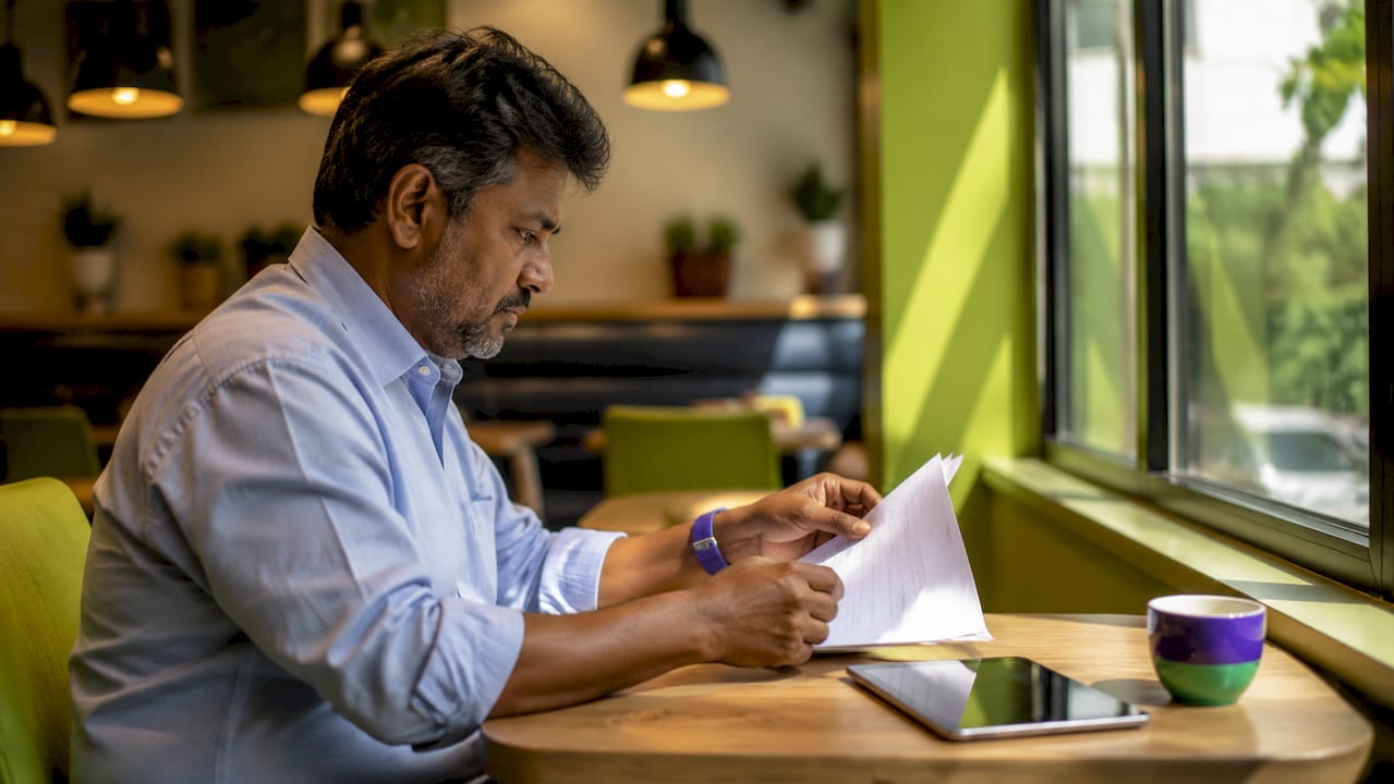 Close-up of hands typing with printed notes on desk