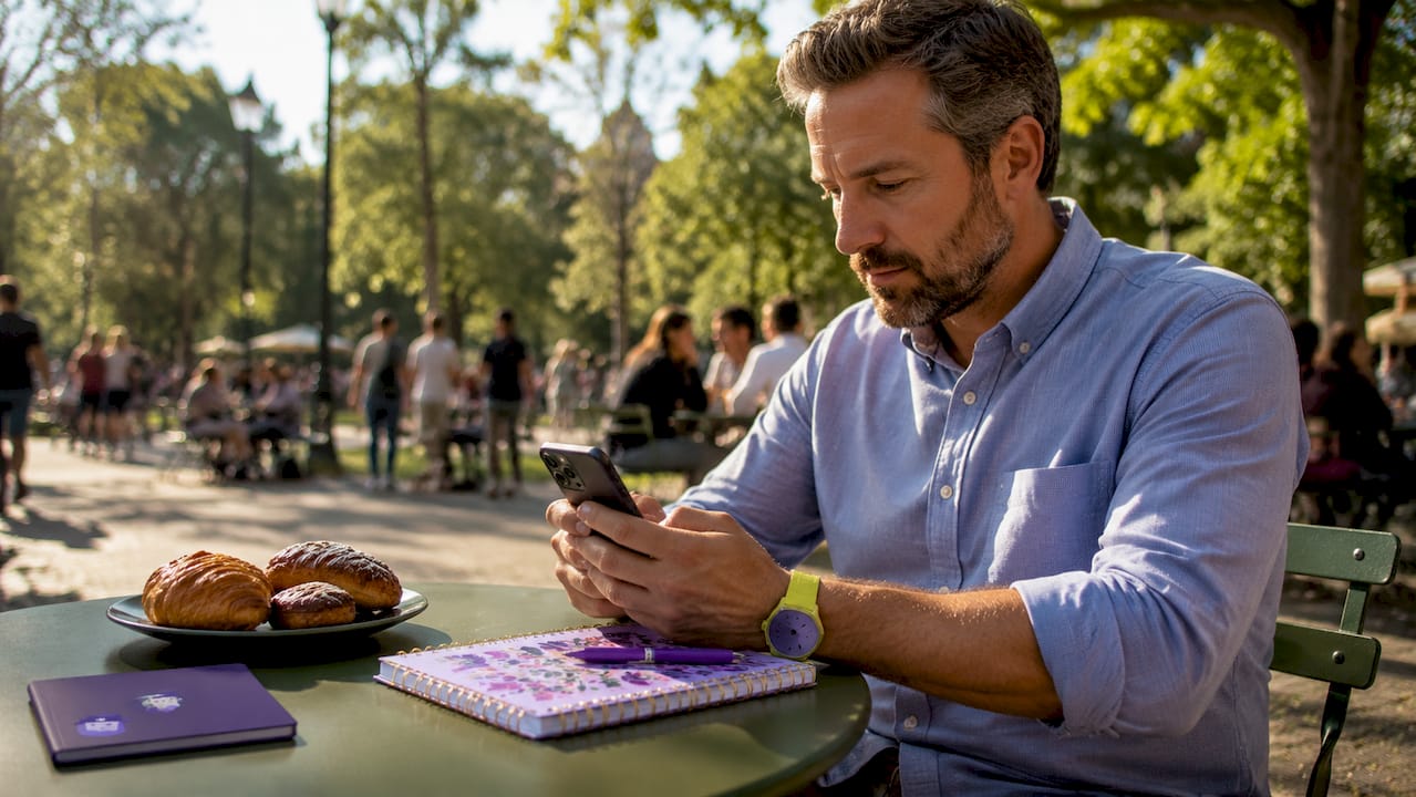 Hands using productivity app on iPhone in café
