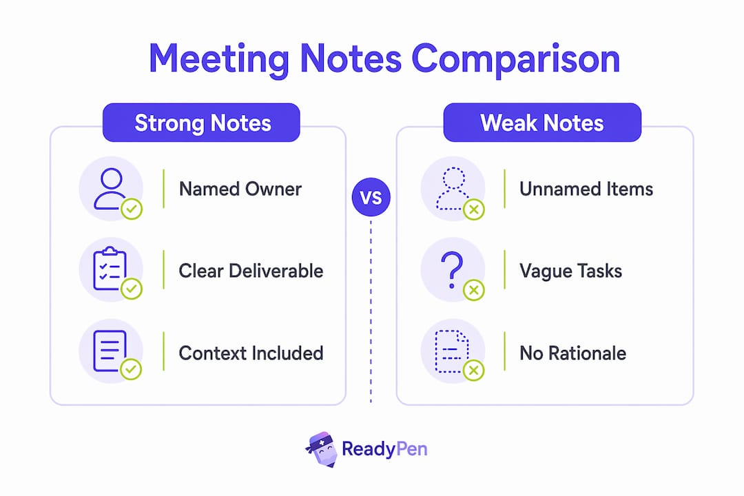 Infographic comparing strong and weak meeting notes