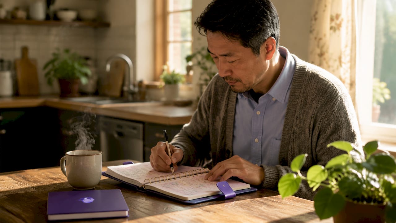 Pastor reviewing planner in home study