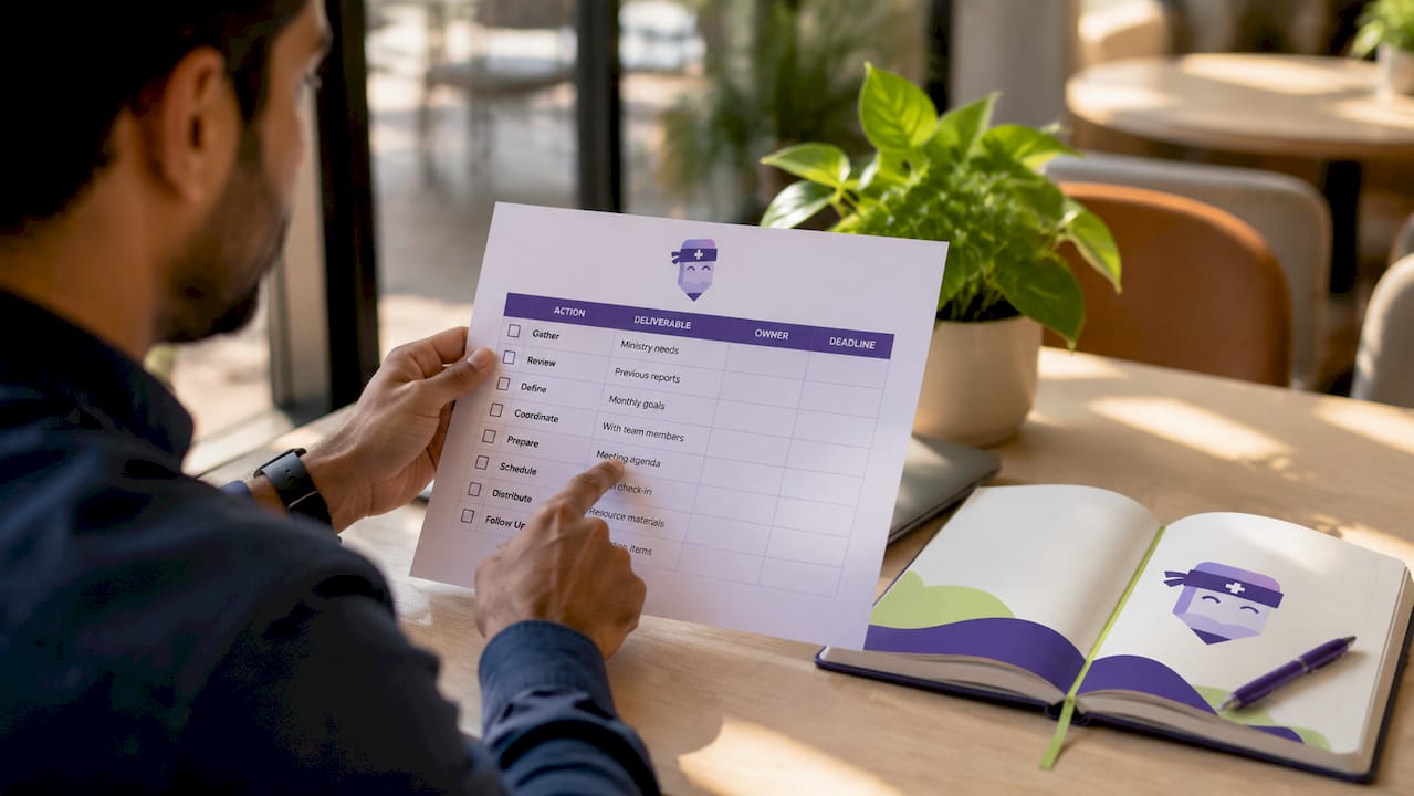 Hands pointing at checklist of ministry tasks