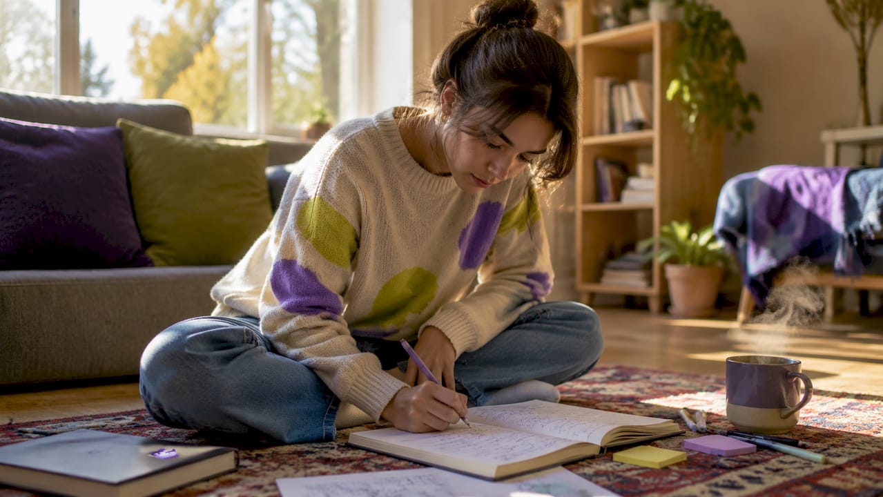Close-up hands holding pen over messy handwritten notes