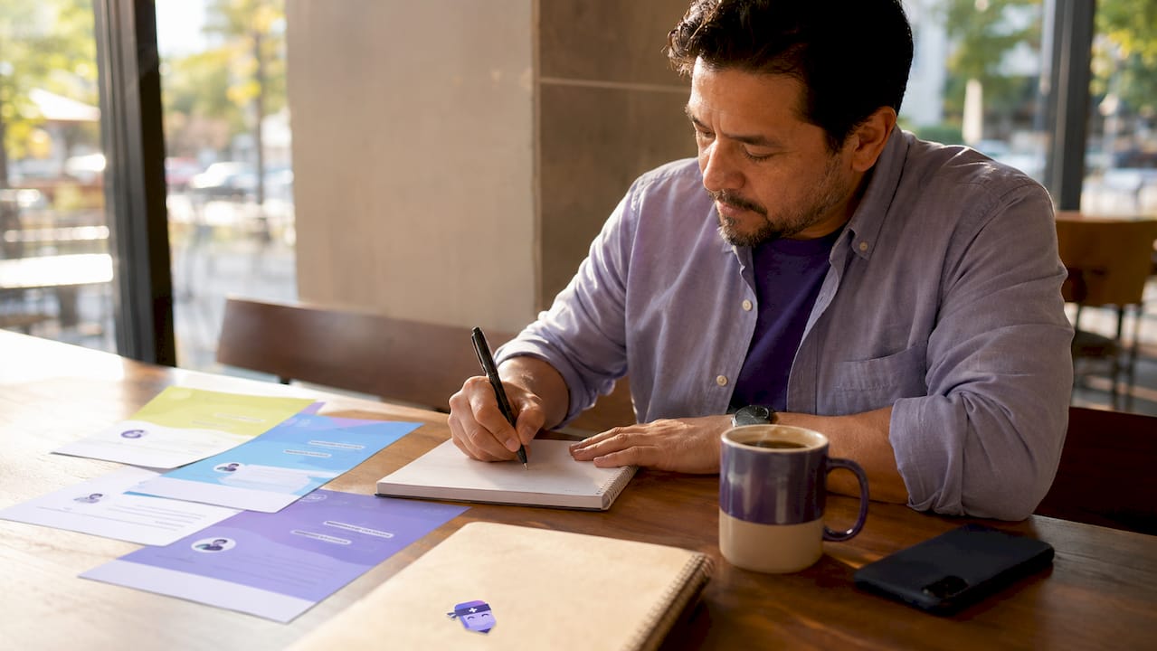 Man writing notes on ministry roles at desk