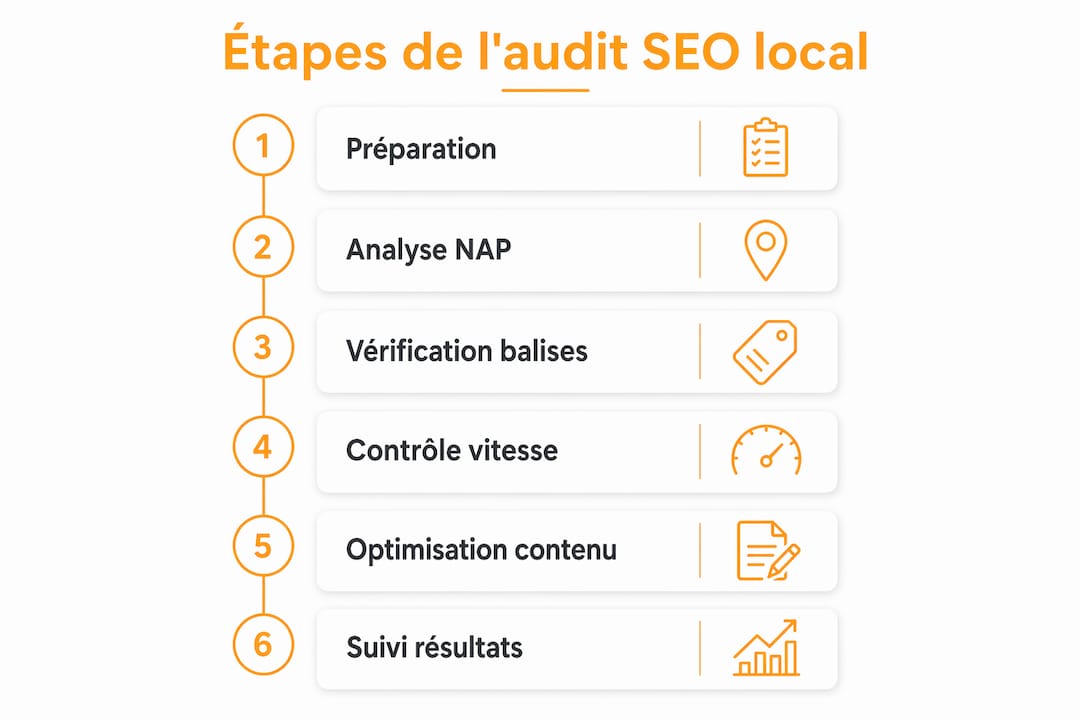 Visuel présentant les étapes essentielles pour réaliser un audit SEO local efficace.