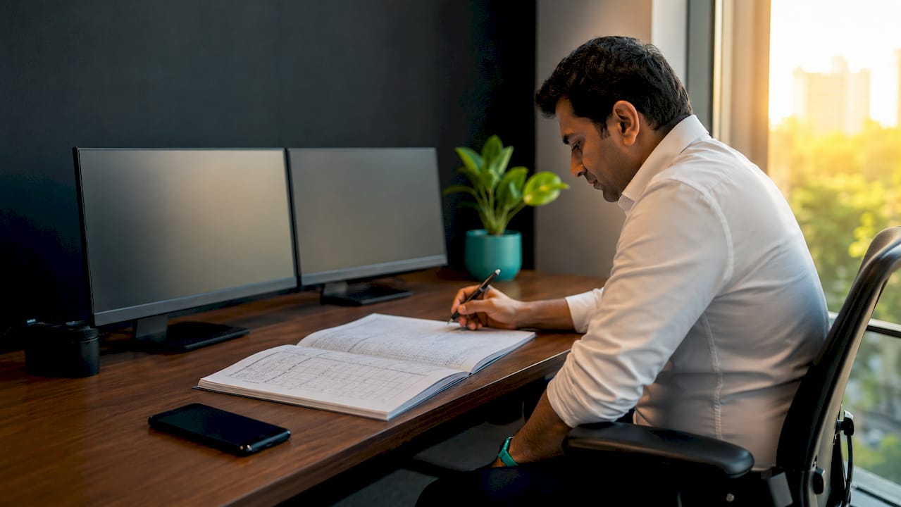 Hands writing on manual timesheet on desk