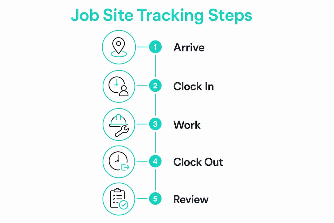 Infographic showing job site time tracking steps