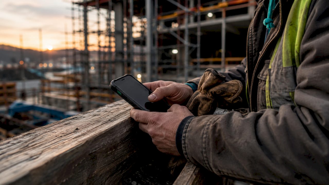 Close-up hands holding smartphone at renovation site