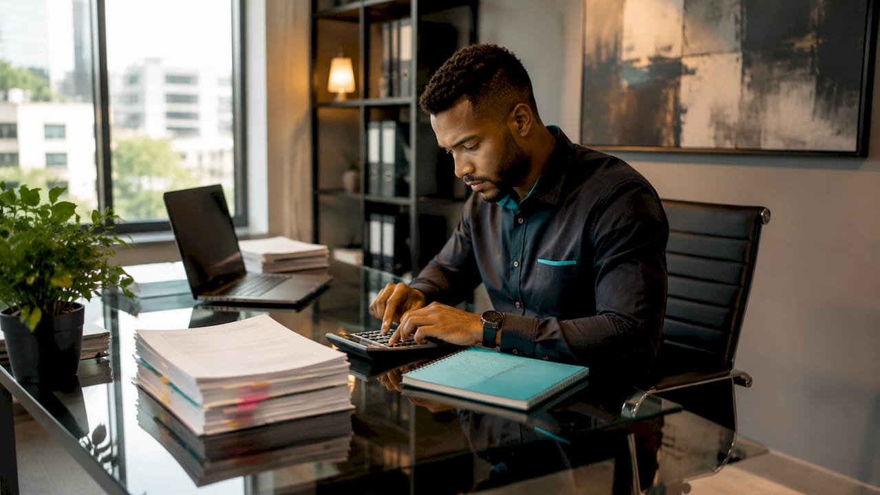 Hands calculating payroll overtime with documents