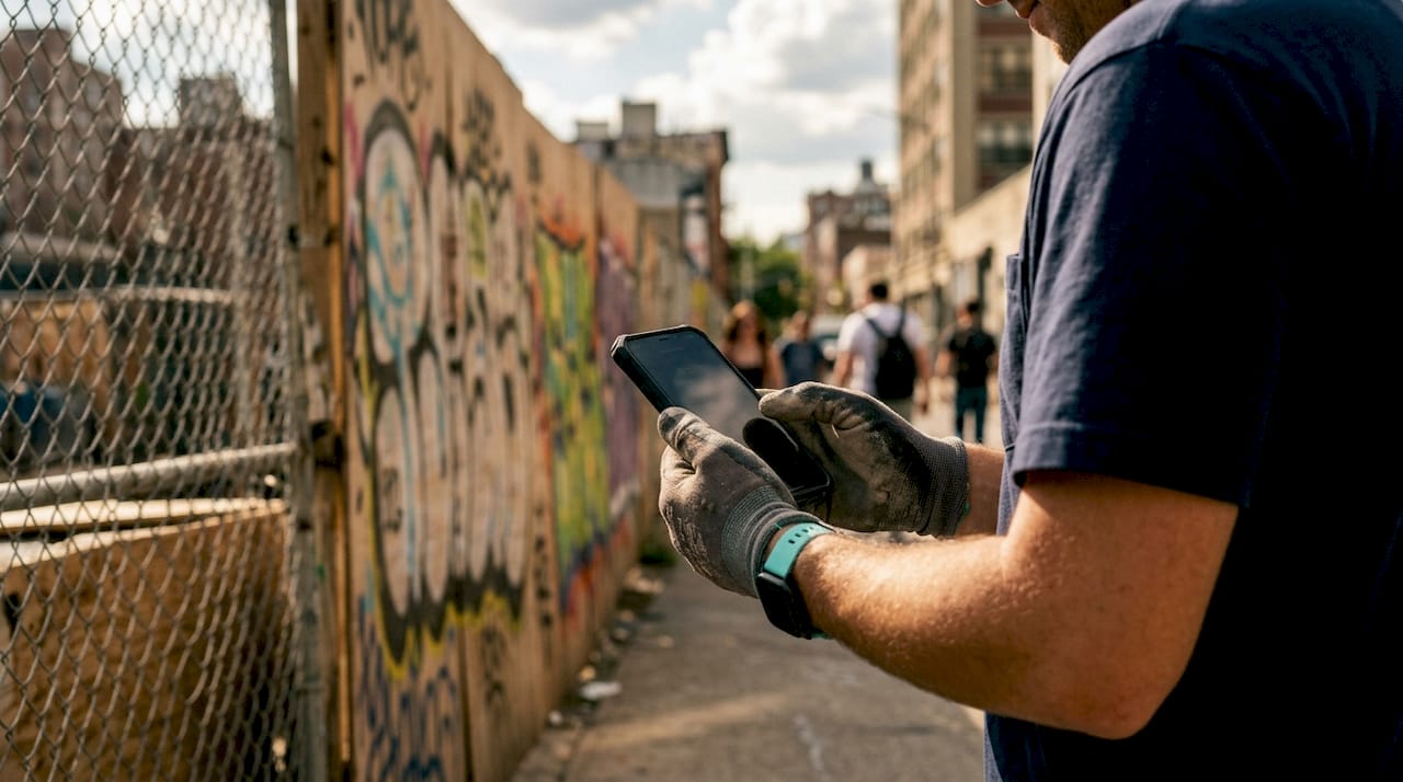 Construction worker clocking in using mobile device outdoors
