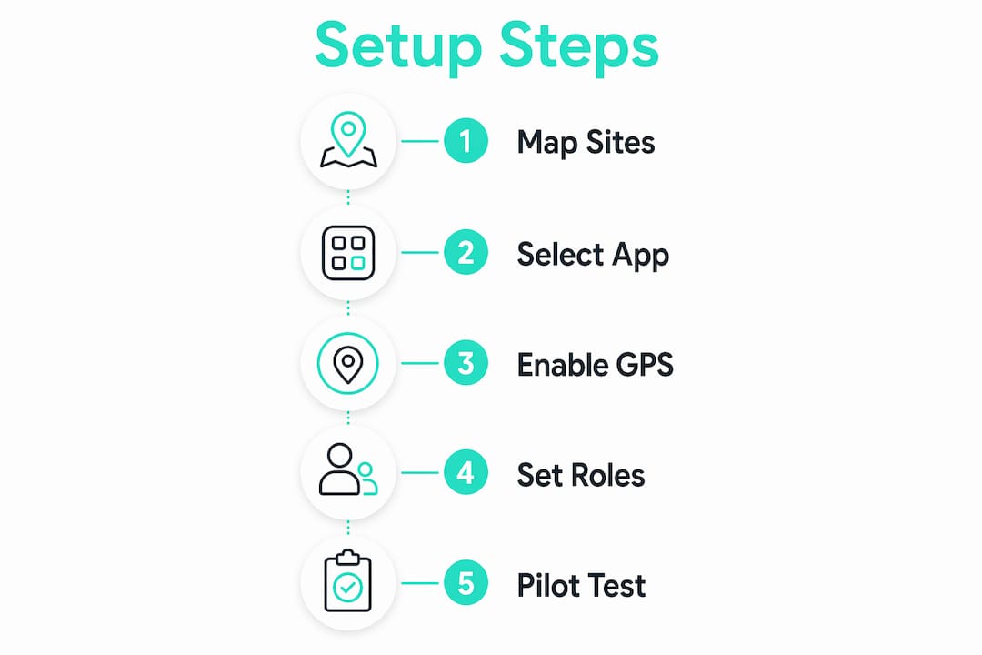 Infographic showing step-by-step mobile clock-in setup