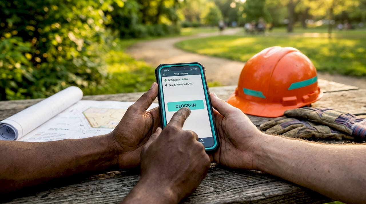 Hands clocking in on phone near construction fence