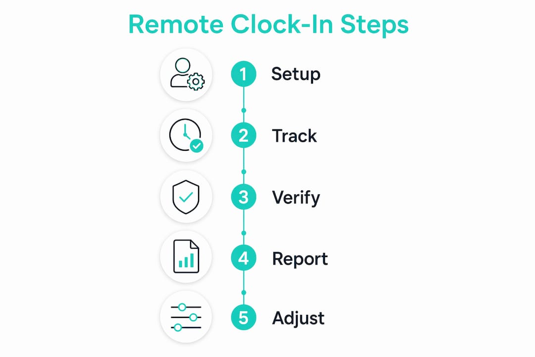 Infographic illustrating steps to monitor remote worker clock-ins