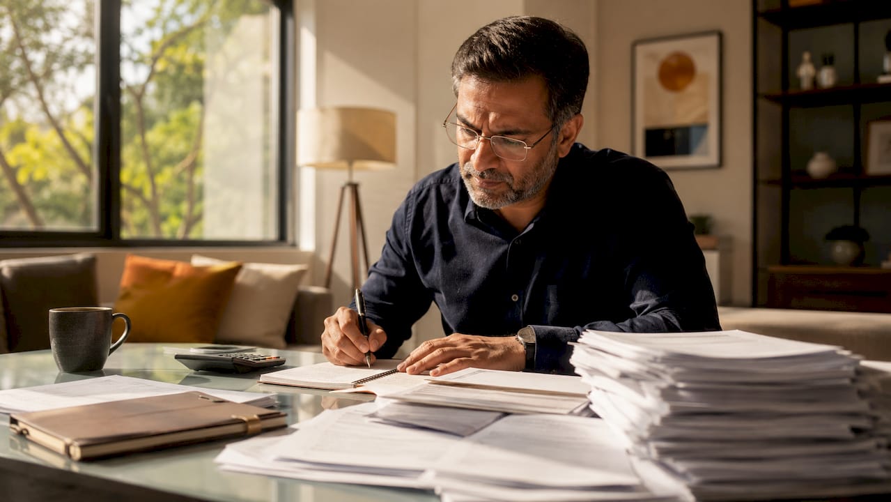 Man reviewing bank statements carefully