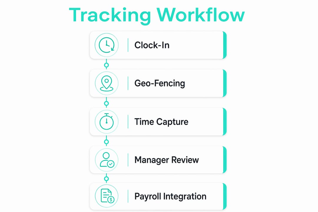 Infographic showing real-time hour tracking workflow steps