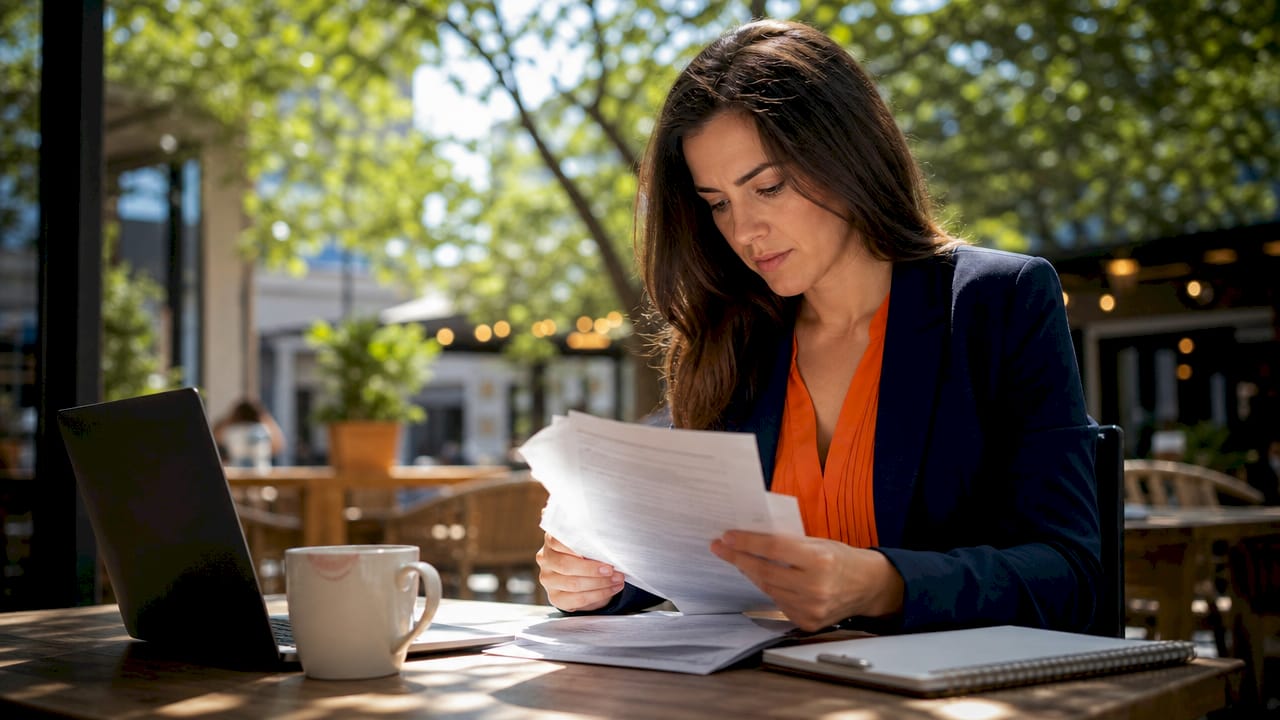 Realtor reviewing bank statements at café