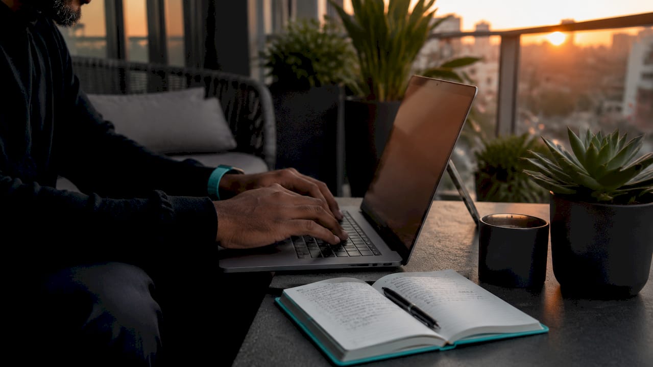 Hands typing on laptop with notes nearby