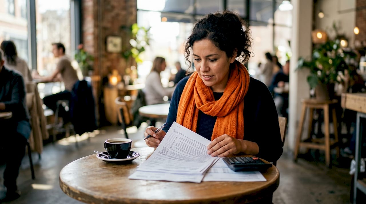 Business owner reviewing financial documents at desk