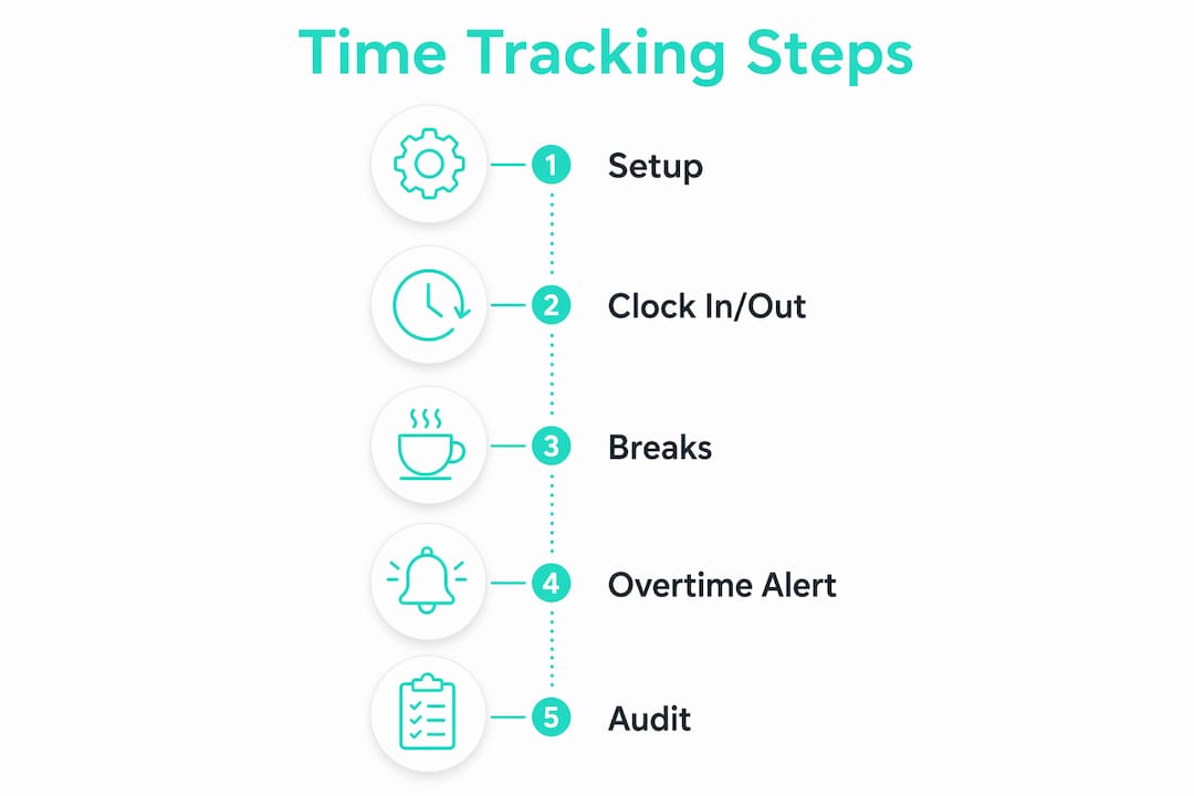 Infographic showing steps to set up time tracking for workers
