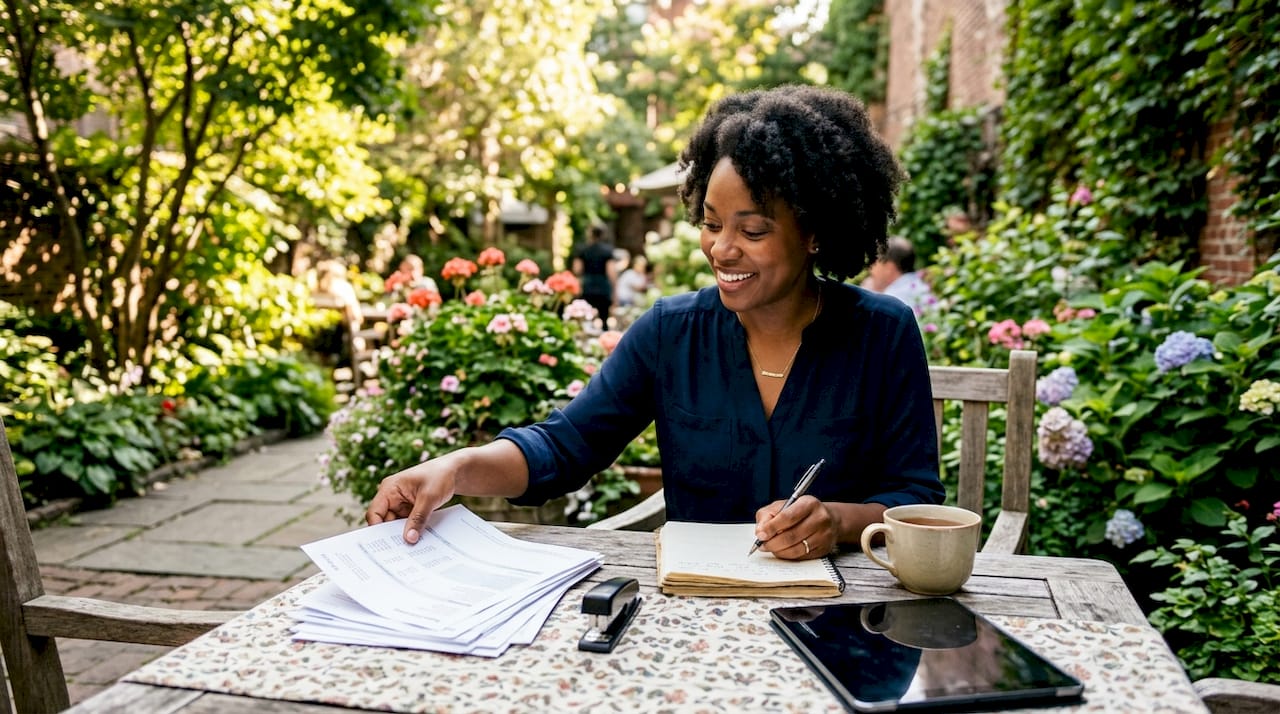 Gig worker organizing bank statements at home