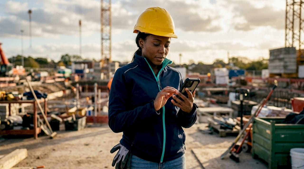 Worker clocking in using GPS smartphone app outdoors