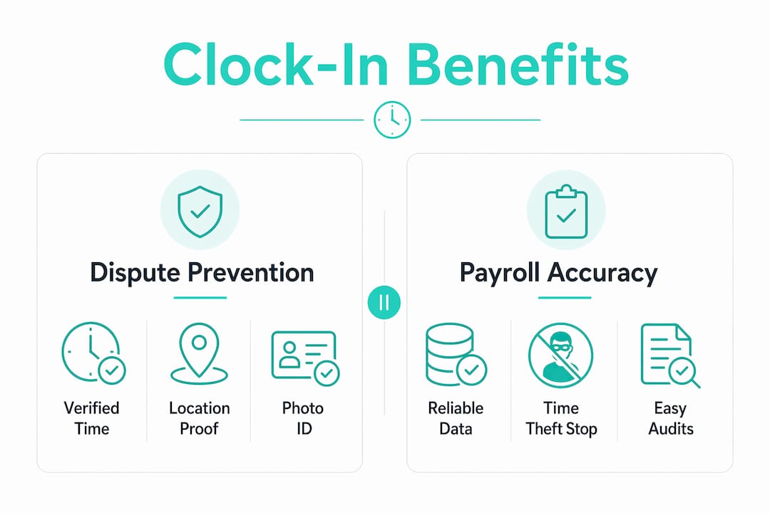 Infographic showing benefits of verified clock-ins preventing disputes