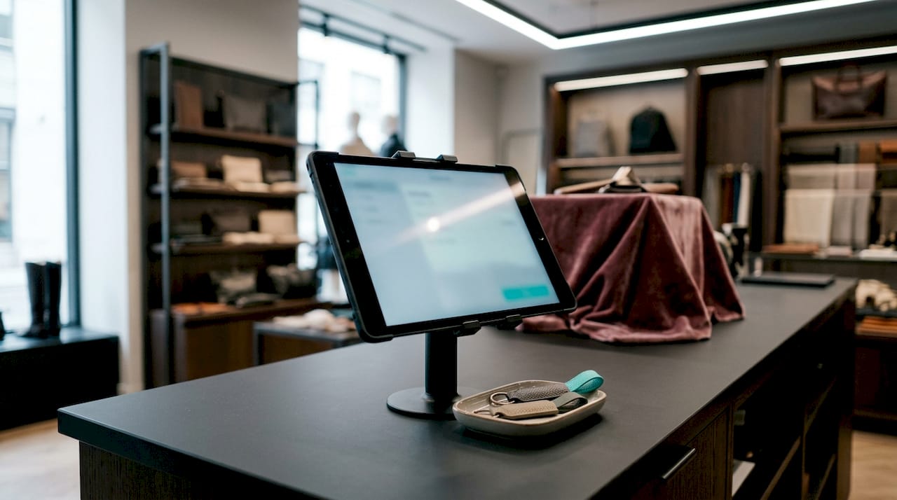 Tablet mounted at retail checkout for clock-in