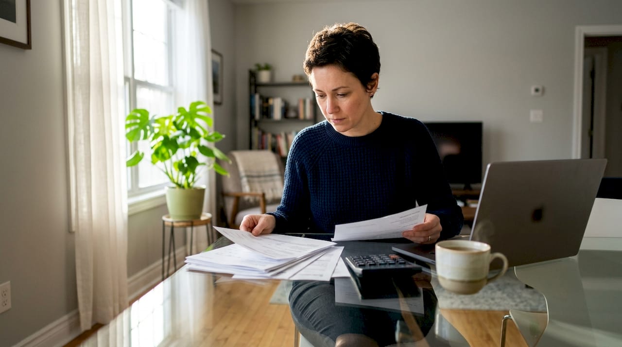 Woman reviewing mortgage documents at home office
