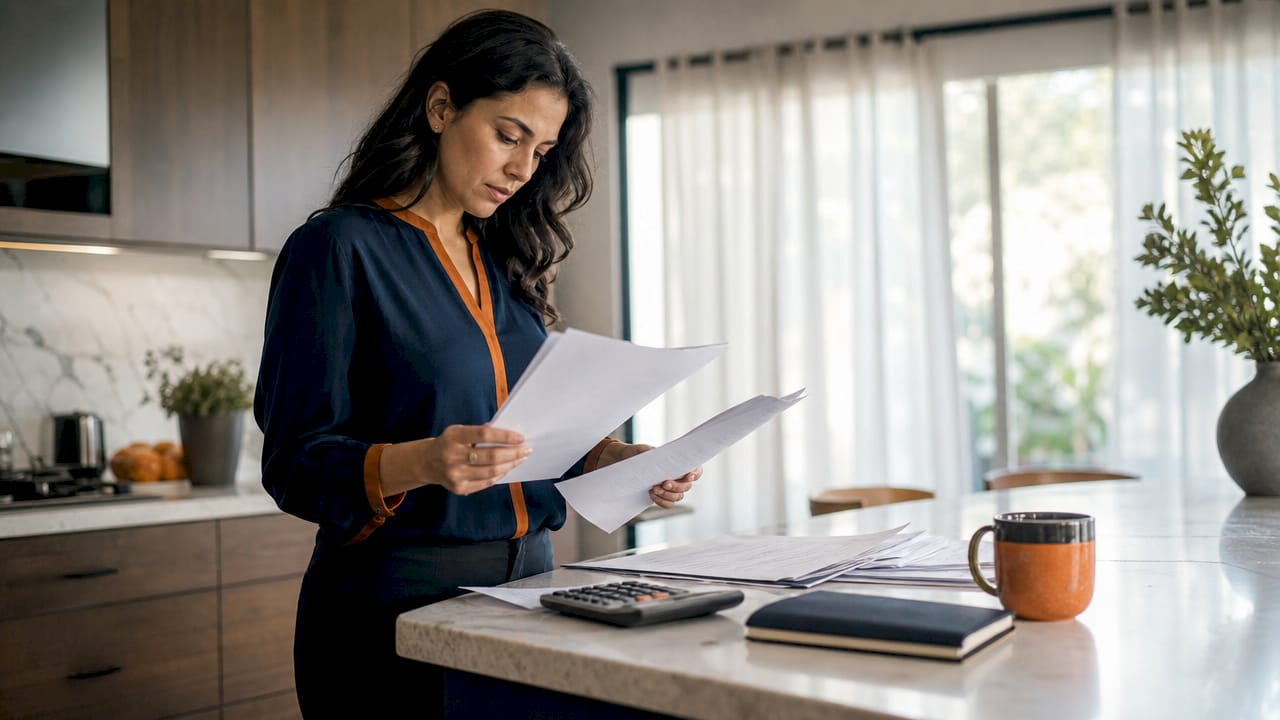 Woman reviewing gig income tax documents at home desk