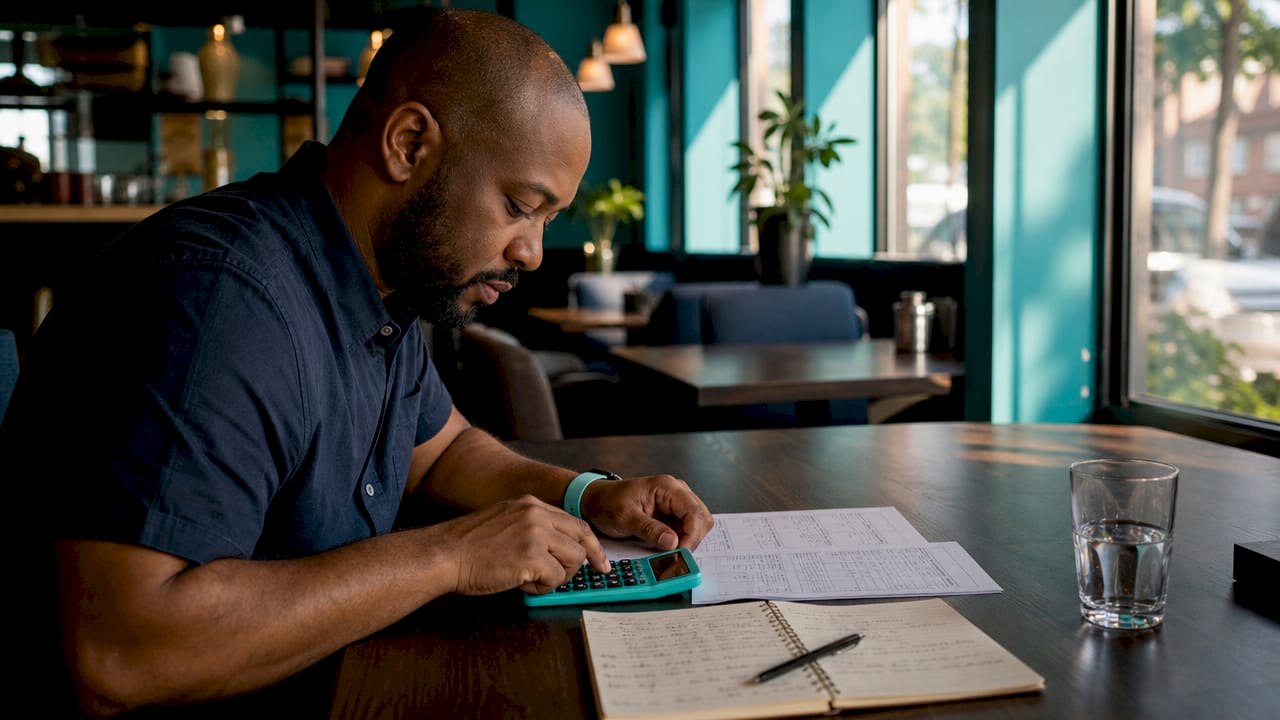 Hands calculating payroll accuracy with calculator