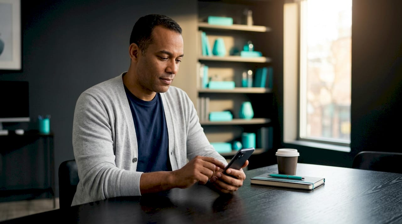 Hands holding phone with active time tracking app in café
