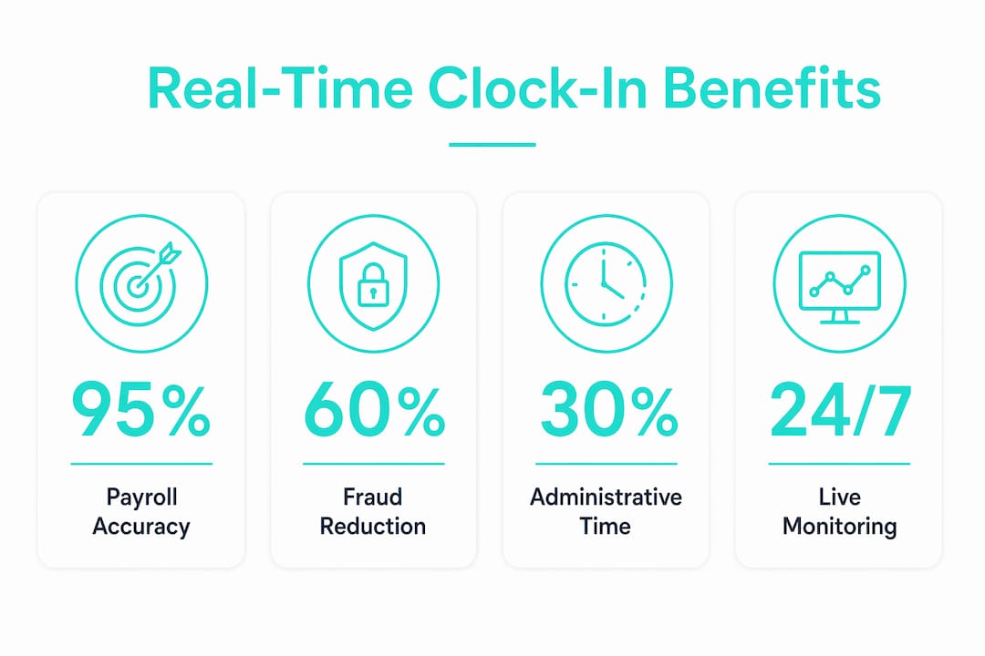 Infographic showing real-time clock-in benefits with key stats