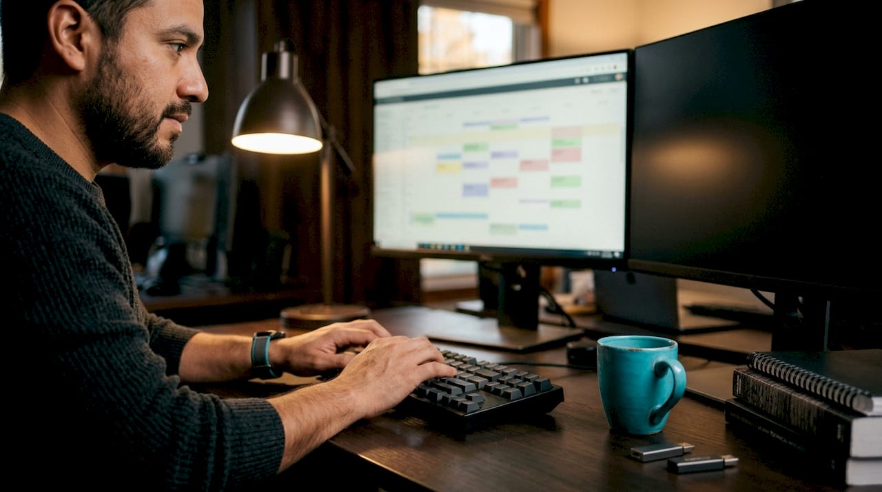Technician typing at timesheet software station