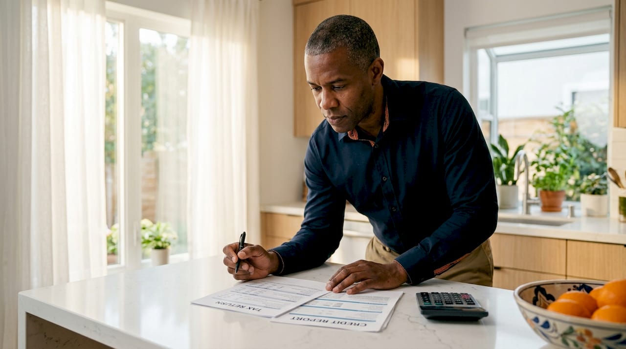 Man reviewing tax returns and credit reports at home office desk