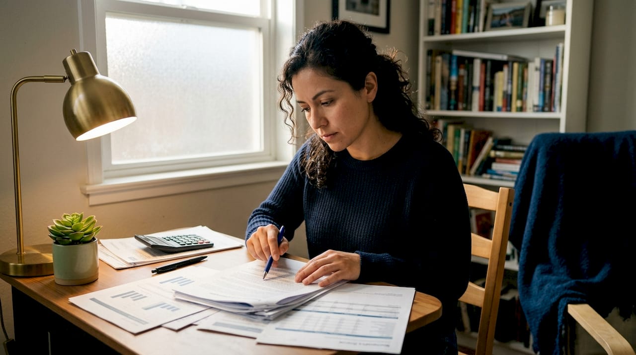 Self-employed woman reviewing mortgage documents at kitchen table