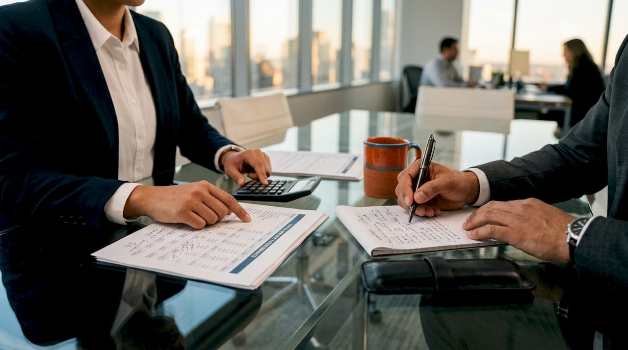 Hands reviewing rental income documents and calculator