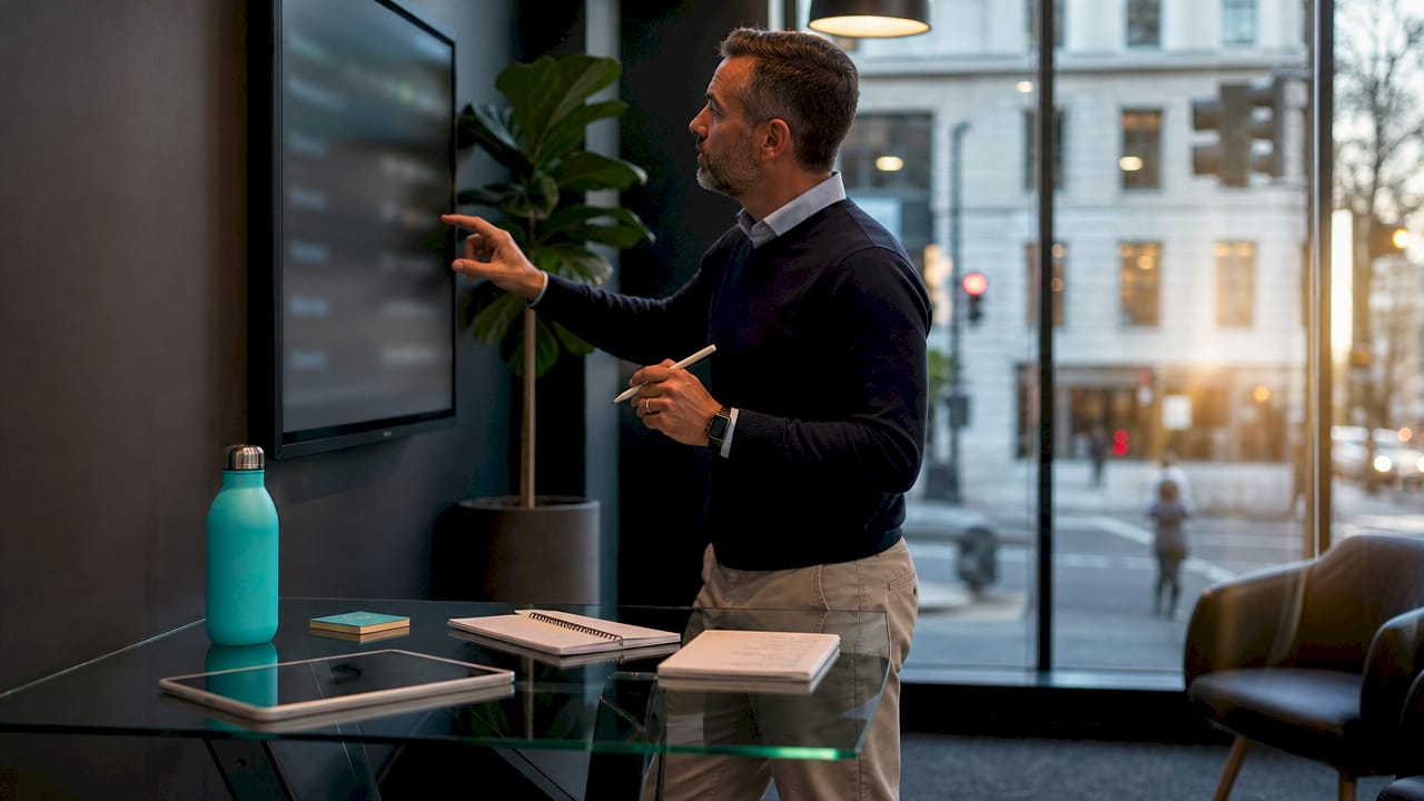 Manager adjusting schedule on touchscreen