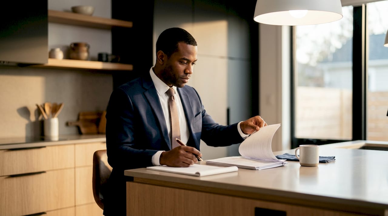 Hands sorting personal bank statements on desk