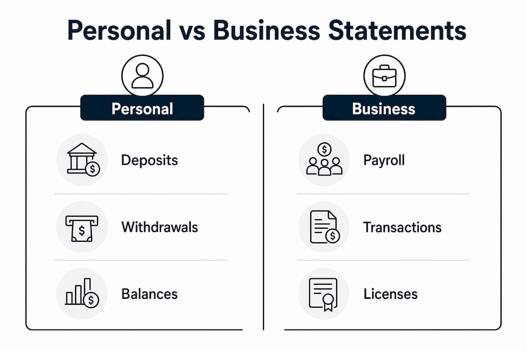 Infographic comparing personal and business bank statements