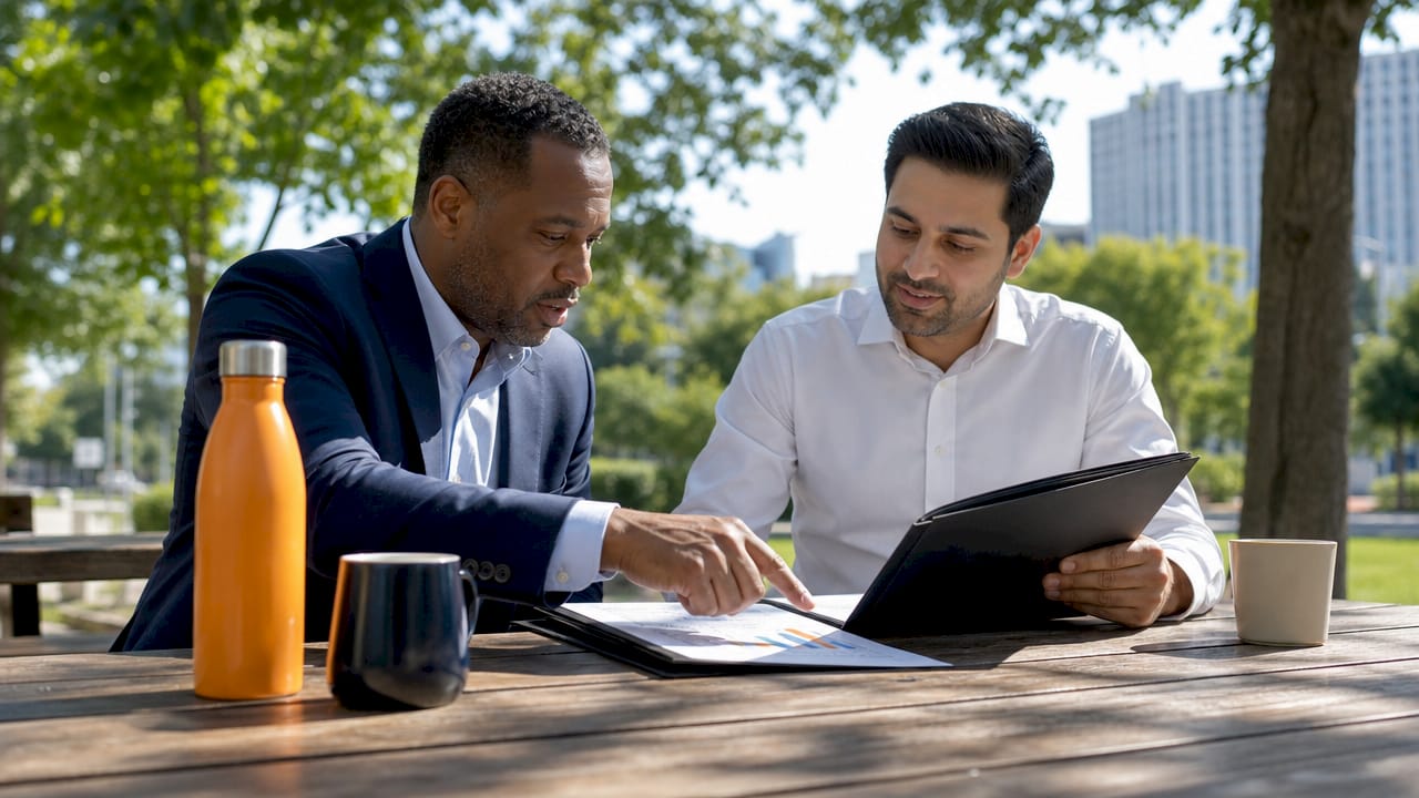 Two men discussing lender expertise at café table