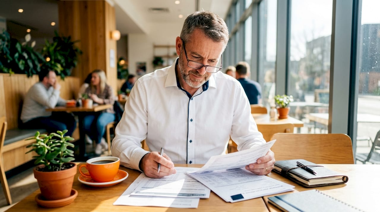 Business owner reviewing mortgage paperwork