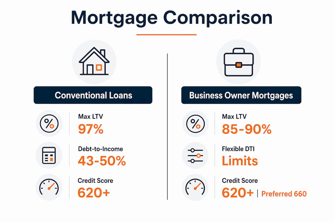 Infographic comparing business owner and conventional mortgages