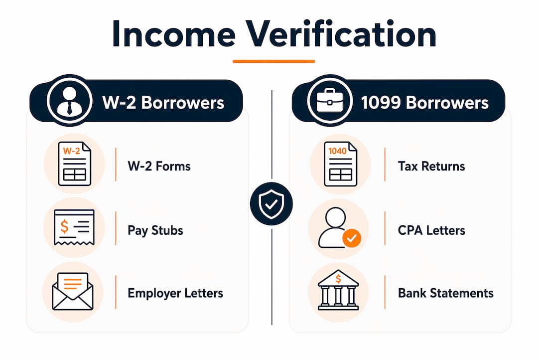 Infographic comparing W-2 and 1099 mortgage income verification