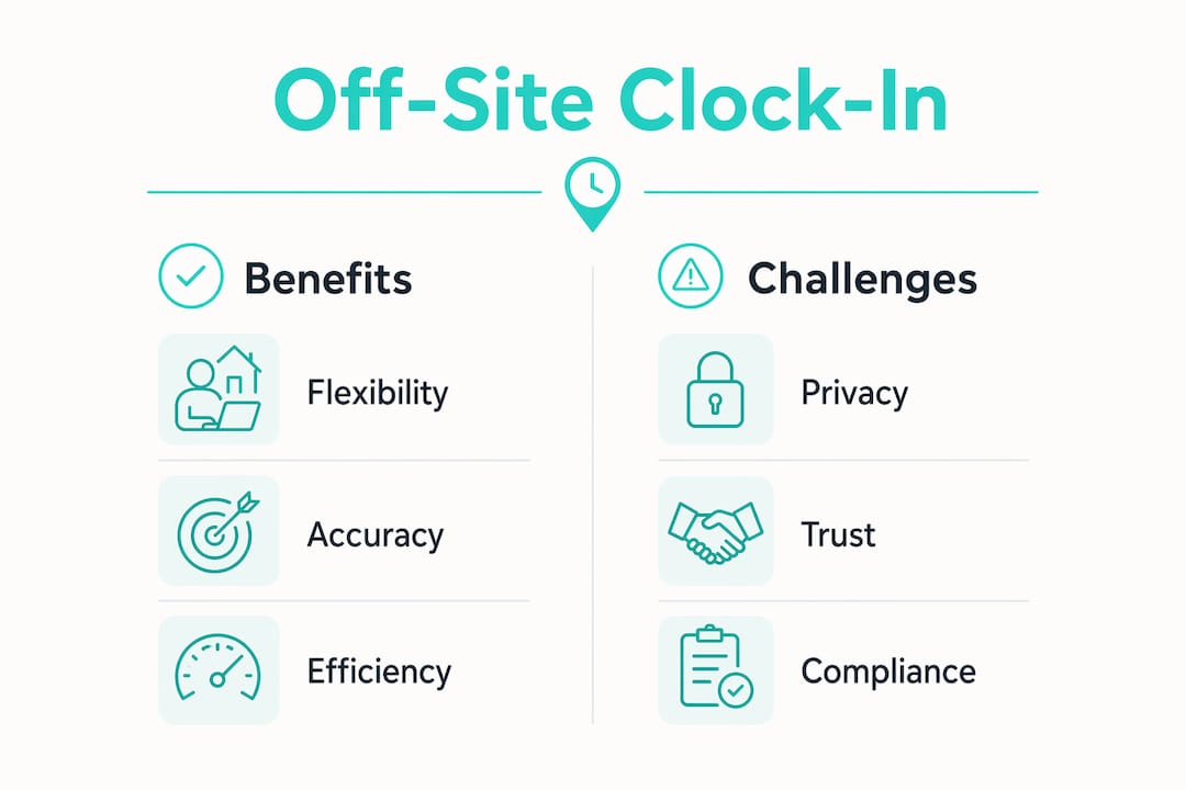 Infographic comparing benefits and challenges of off-site clock-in