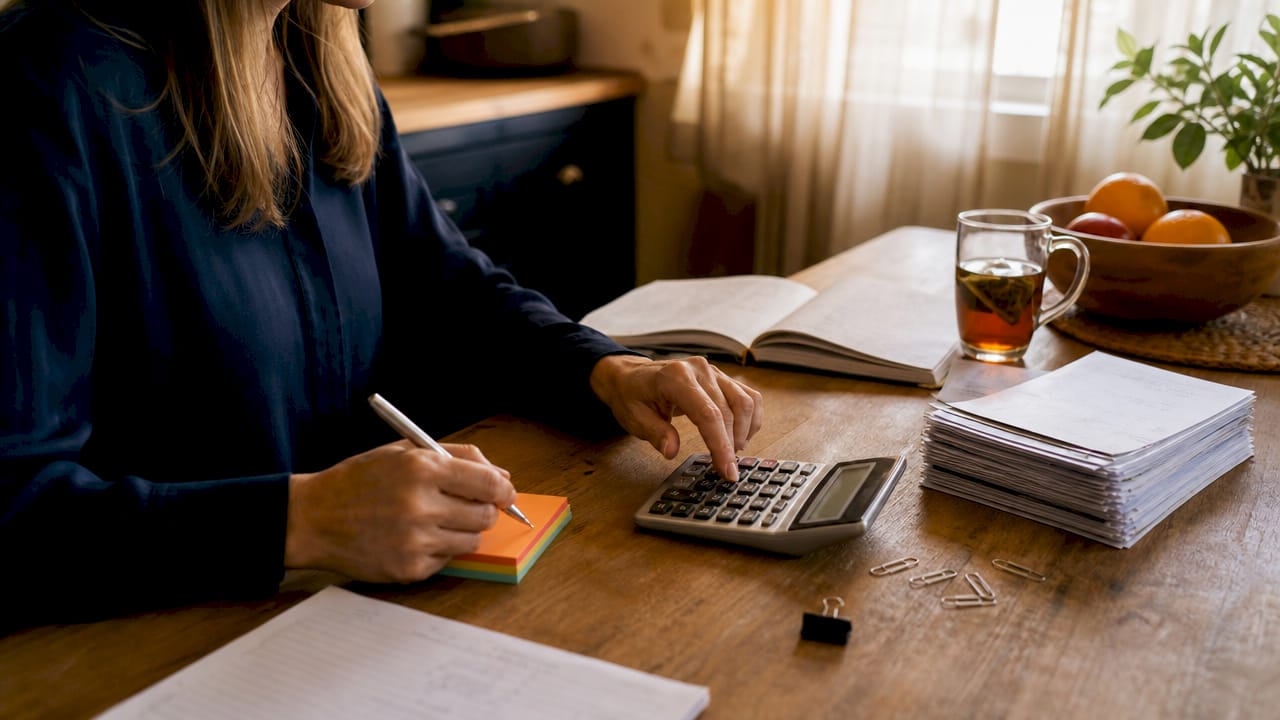 Close-up of hands calculating income with bank statements