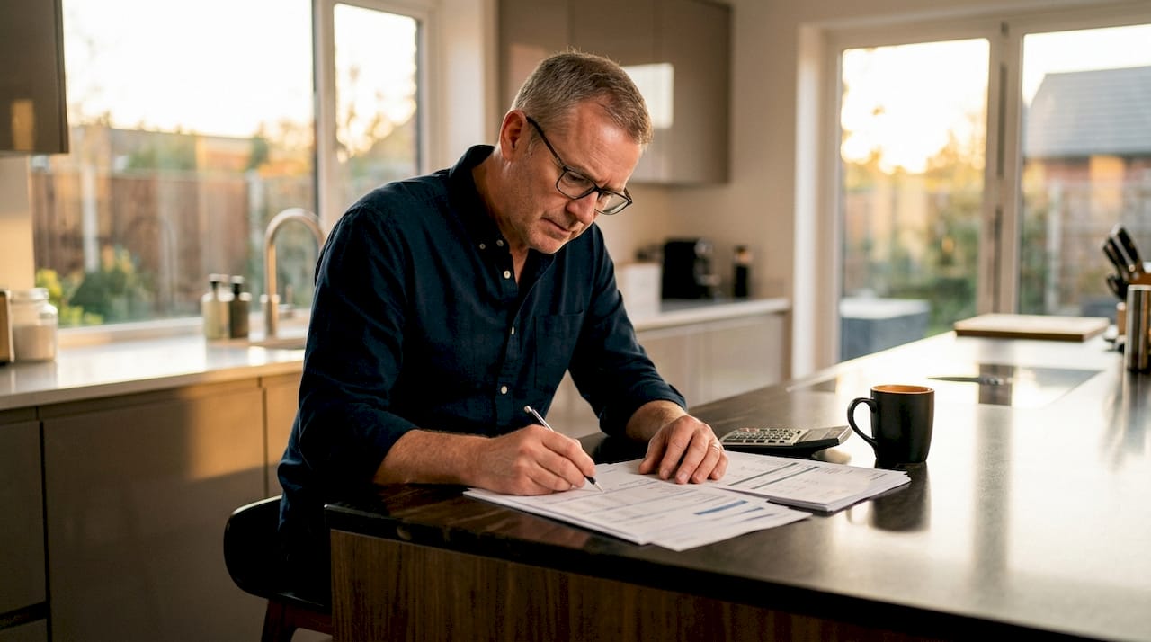 Man reviewing bank statements at home office