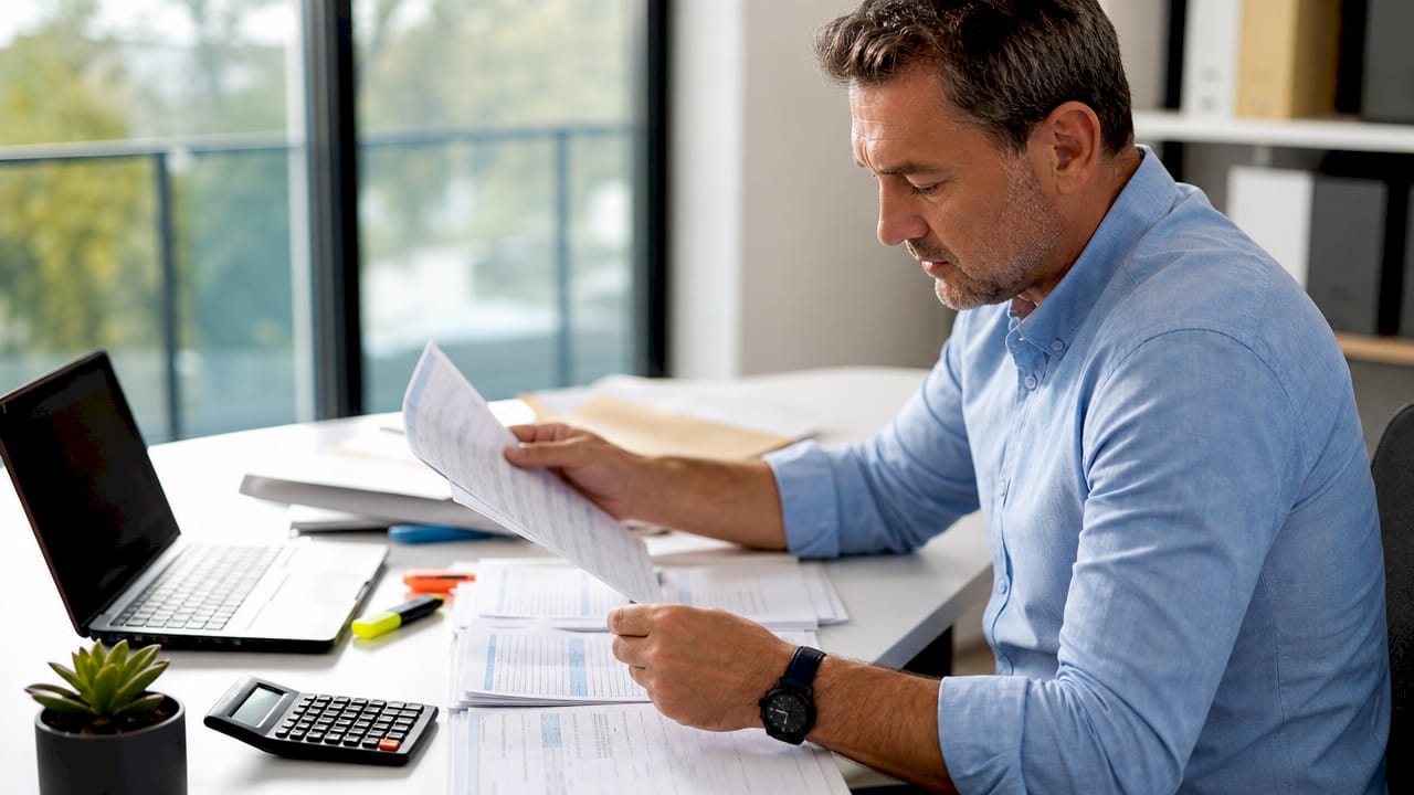 Self-employed man reviewing bank statements at desk