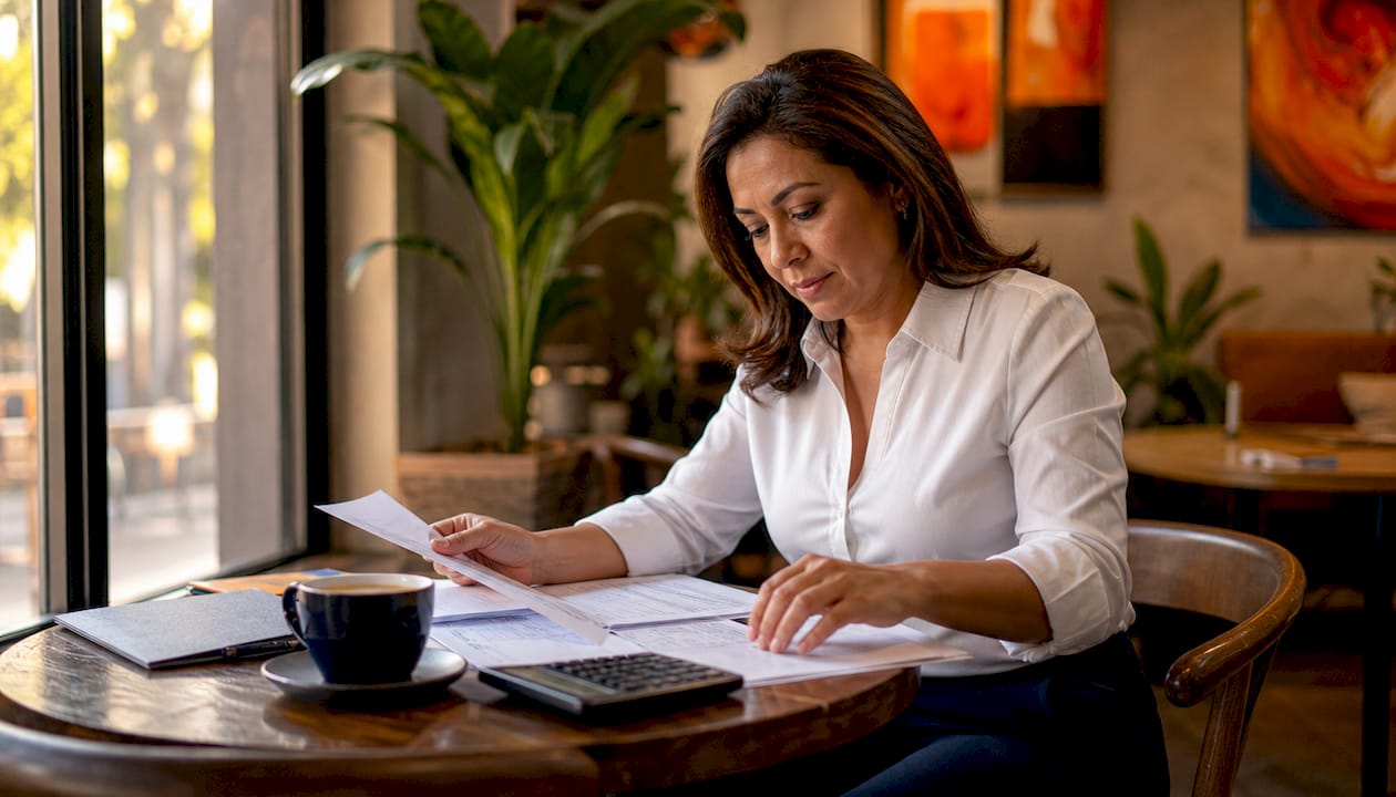 Self-employed borrower reviewing mortgage papers